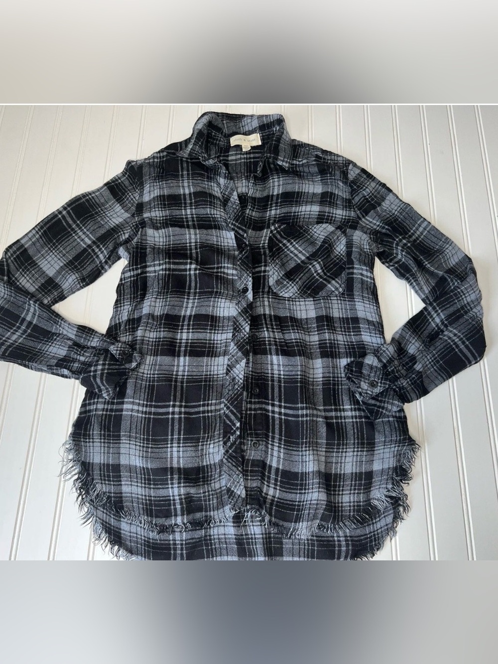 Cloth & Stone Blue Flannel Plaid Buttondown Shirt XS Fringe Hem Women 1091
